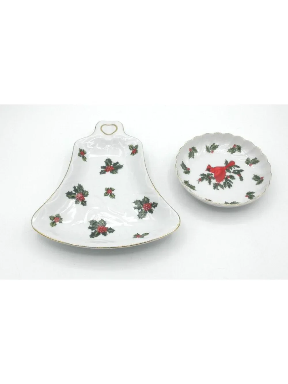 Holly by Lefton Bell Shaped Plate and Trinket/Candy Dish Hand-painted Cardinal
